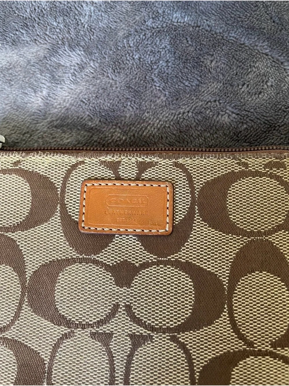 Coach Brown Signature Canvas Wristlet with Tan Leather Trim